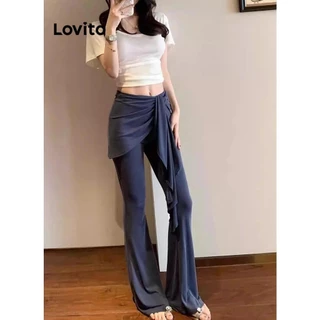 Lovito Calça elegante simples falsa 2 em 1 para mulheres LNE73473