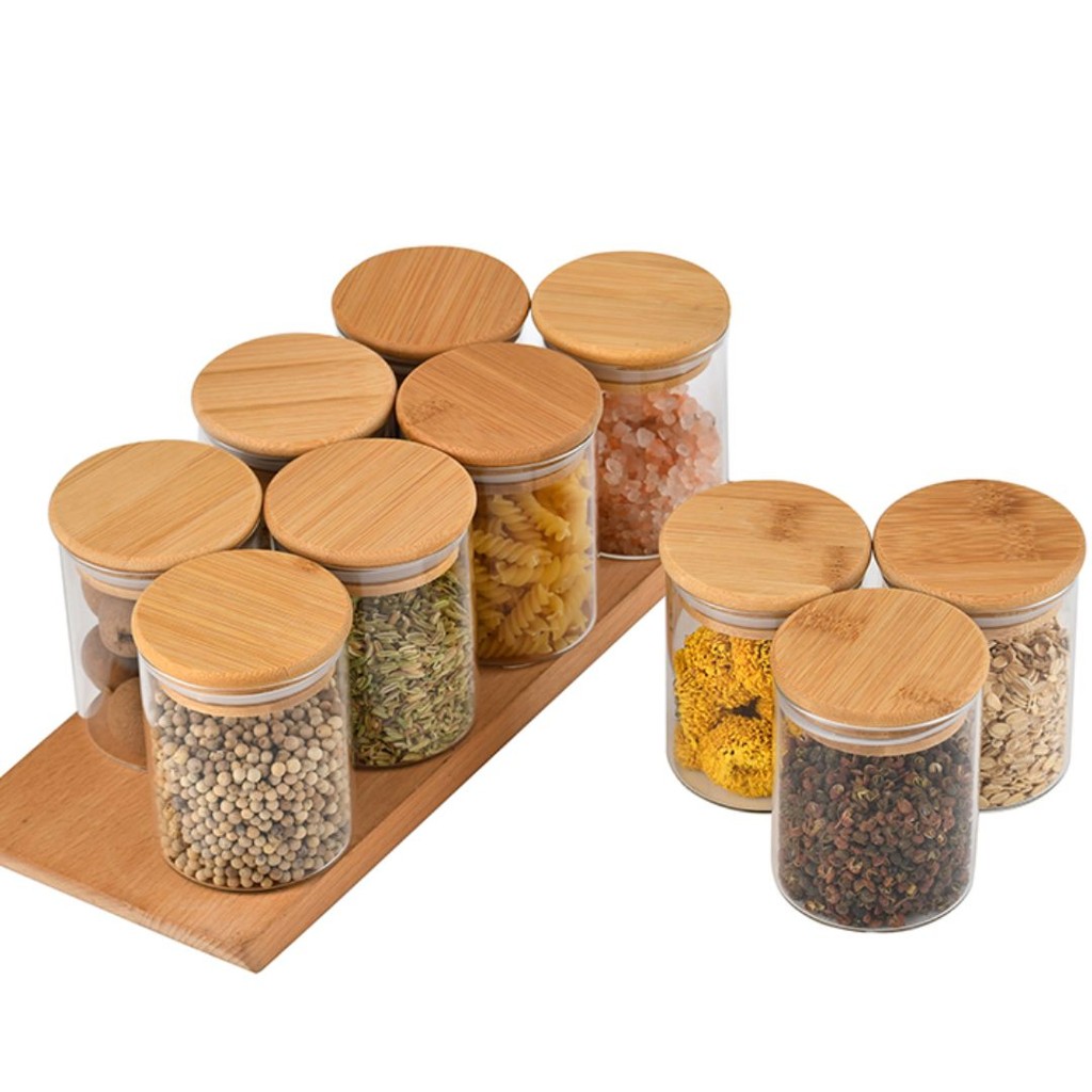 Kit 6 Potes Vidro Redondo P/ Condimentos Tampa Bambu 200ml