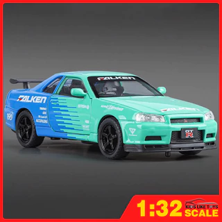 KLT 1 : 32 NISSAN GTR R34 Livery Metal Alloy Toys Car Modelo Diecast Veículo Para Meninos Simulação De Som Efeito Luz Hobbies Coleção De
