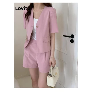 Lovito Conjuntos de shorts casuais com bolso liso para mulheres LNM72343