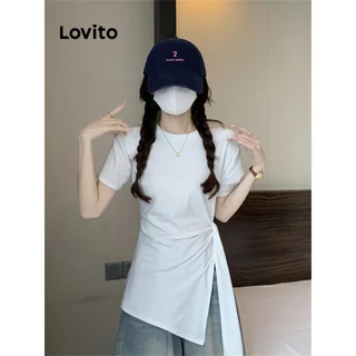 Lovito Camiseta casual lisa dividida para mulheres LNM75372
