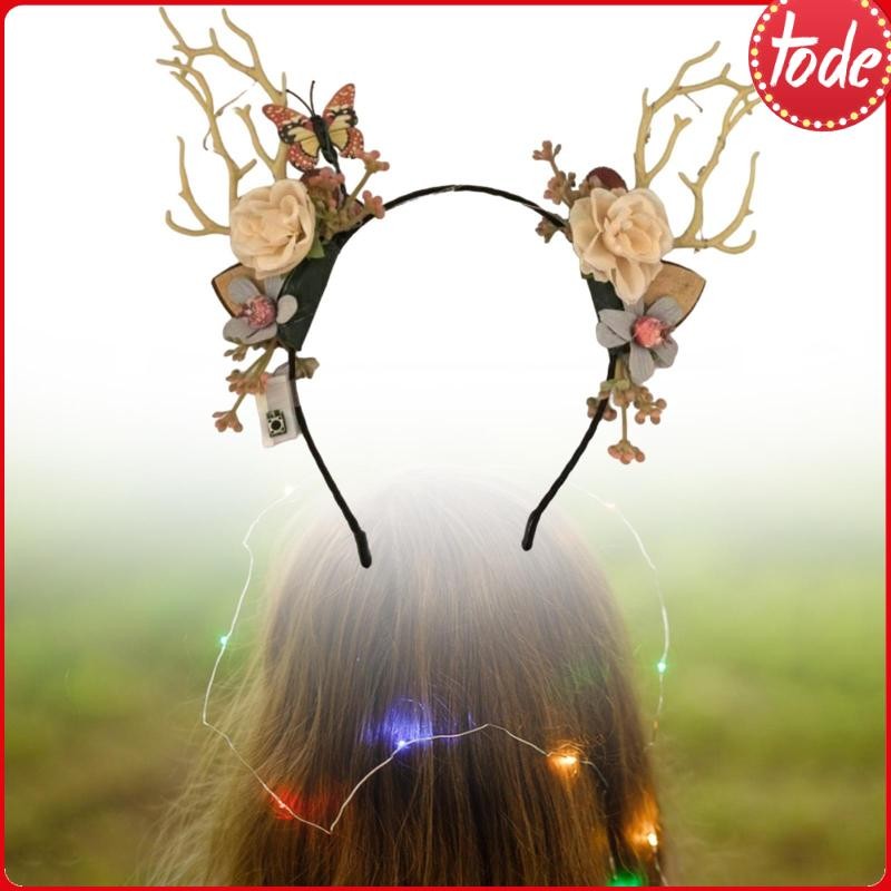 [Tode_sz] Tiara Iluminada Com Chifres De Veado E Flores Para Casamento , 3 Modos De Iluminação , Feriados