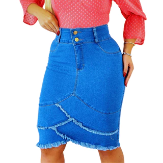 Saia Jeans Feminina Sky Direto Com Babado Longa Cintura Alta Evangélica Midi