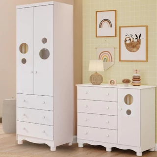 Quarto de Bebê Completo Guarda Roupa 2 Portas Cômoda 1 Porta 4 Gavetas Bolinha 100% MDF em Oferta na Shopee