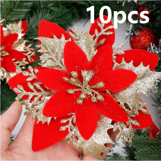 10 Pçs Flores Artificiais De Natal DIY Glitter Buquê De Flor De Seda Falsa Com Clipe Poinsétia Decoração De Festa De Ano