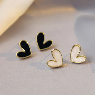 Brincos Simples Em Forma De Coração Preto E Branco Acessórios Delicados Para Festa De Estudantes Jóias De Moda Meninas