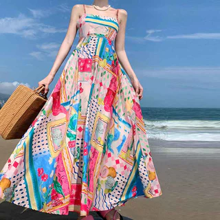 Verão novo sem mangas, sem gola, com estampa de cintura alta pintada vestido feminino com grande estilingue (24549)