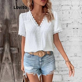 Lovito Blusa elegante de renda lisa para mulheres LNL75053