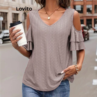 Lovito Blusa elegante simples de ombro frio de camada dupla para mulheres LNL75411