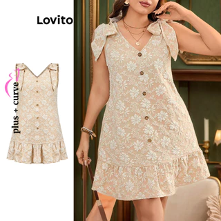 Lovito Vestido feminino plus size elegante floral com botão frontal e laço LBL16474