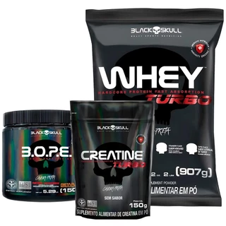 Kit Suplemento Whey Protein Turbo + Creatina Turbo + Pré Treino B.O.P.E - Black Skull
