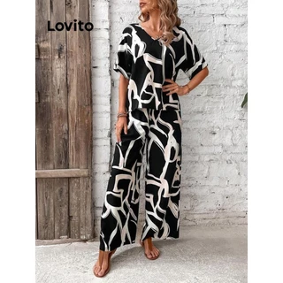 Lovito Conjuntos casuais pintados à mão Padrão Calças para mulheres LNL77467