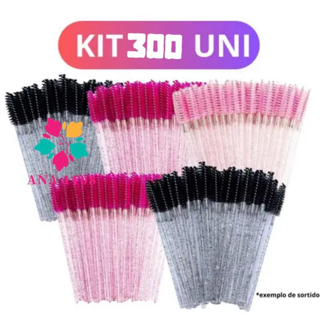 KIT 300 unidades Escovinhas com glitter e sem Glitter Extensão de Cílios e sobrancelha