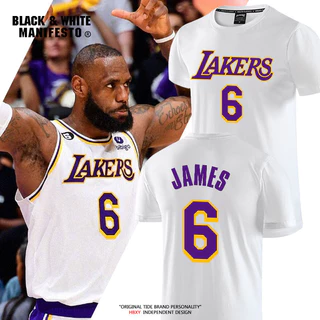 Estoque pronto em promoção Lakers James No. 6 roxo ouro camisa bandana Zhan camiseta Davis manga curta treinamento de basquete esportes solto masculino S-3XL
