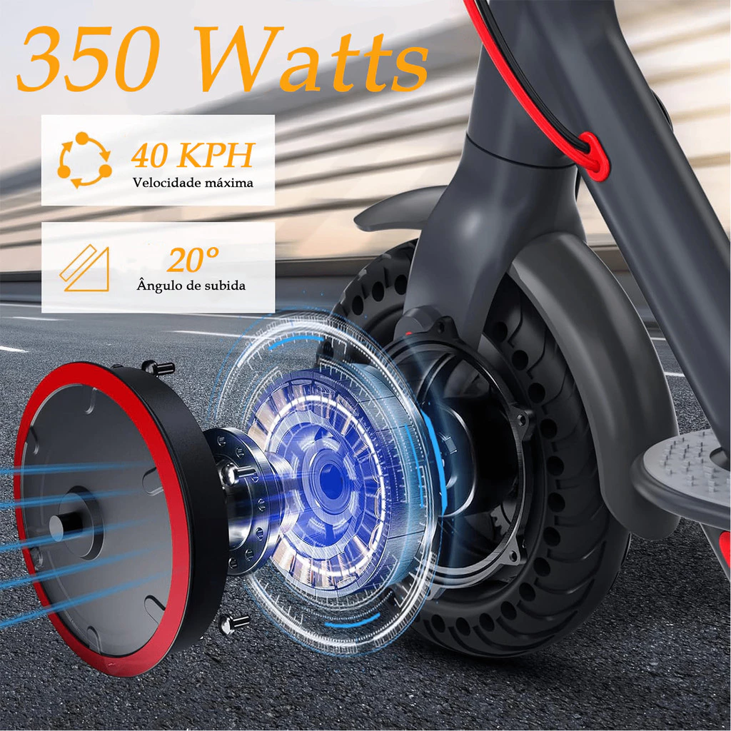 Close-up da roda dianteira do patinete elétrico Auxom Pro com uma representação visual do motor de 350 Watts e informações sobre ângulo de subida de 20°.