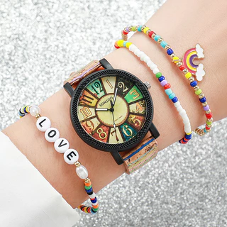 Relógio de Quartzo com Cinto Étnico Feminino de Estilo Étnico Romano de Discagem Numeral + Pulseira com Contas Arco-Íris