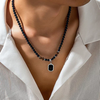Corrente De Contas Pretas Com Colar Pingente Quadrado Para Homens Correntes Trendy Beaded Acessórios No Colarinho Do Pescoço 2024 Moda Jóias Decoração De Presente Masculino