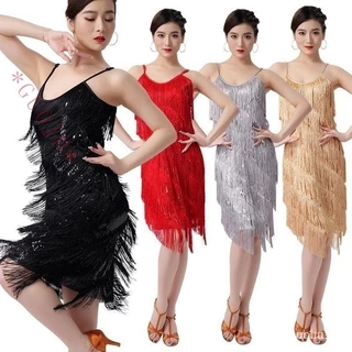 GUOJH Novo Adulto Latino Dança Primavera Sequined Fringed Saia Vestido Festa Performance De Palco Fantasia Competição