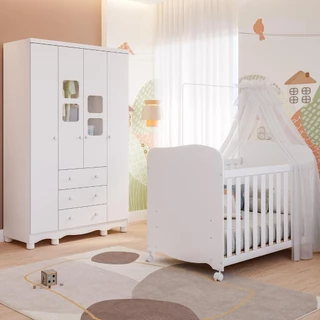 Quarto de Bebê Completo Uli com Guarda Roupa 4 Portas 3 Gavetas e Berço Americano 100% MDF Móveis Peroba