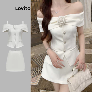 Lovito Glamourosa apliques simples pérolas plissadas conjuntos de saia de bolso falso para mulheres L98AD155