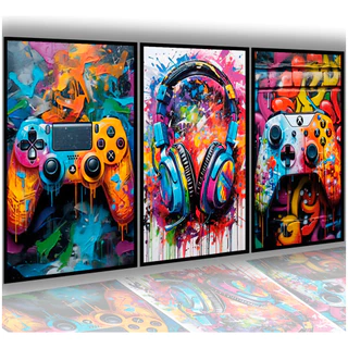 Kit Quadros Decorativos Controle Colorido Gamer Jogos Neon Mural De Painel Espesso De 8mm
