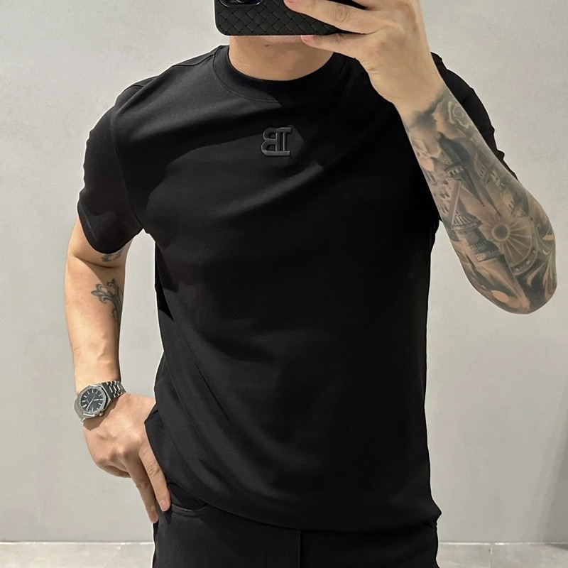 Camiseta masculina de manga curta novo estilo carta na moda em torno do pescoço