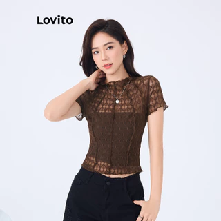 Lovito Camiseta feminina elegante com gola lisa e babados L99ED044