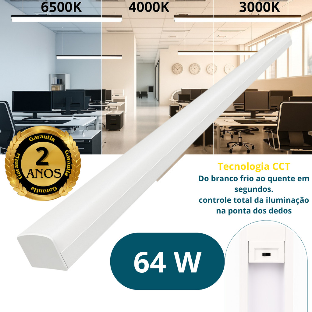 Luminária LED Linear Branca 64W 120cm CCT 3 Cores Bivolt Ideal para ...