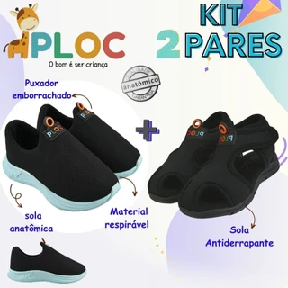 Kit 2 pares: Tênis Calce Fácil P26 Preto Sola Azul + papete Ploc Menino (PAP01) em Oferta na Shopee