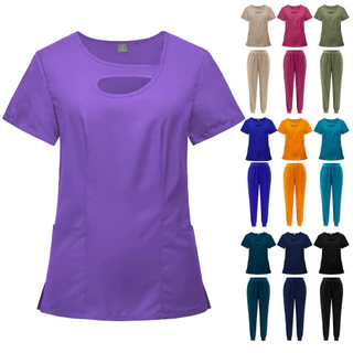 [Camisa + Calças] Fashion Women Elastic Wrinkle Resistant Scrub Suit Set Doctor Nurse Uniform Tecido De Poliéster High-End