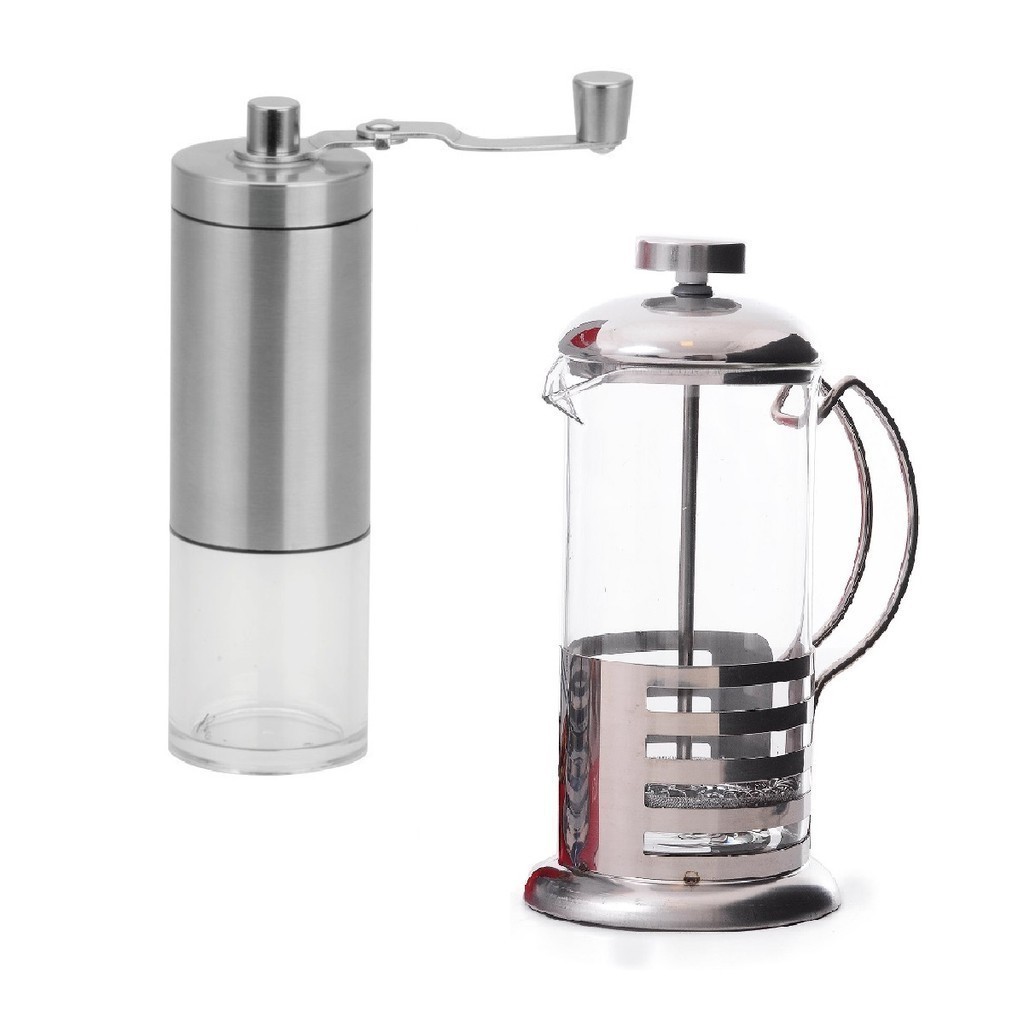 Moedor Café Manivela Manual + Cafeteira Francesa Inox 350ml