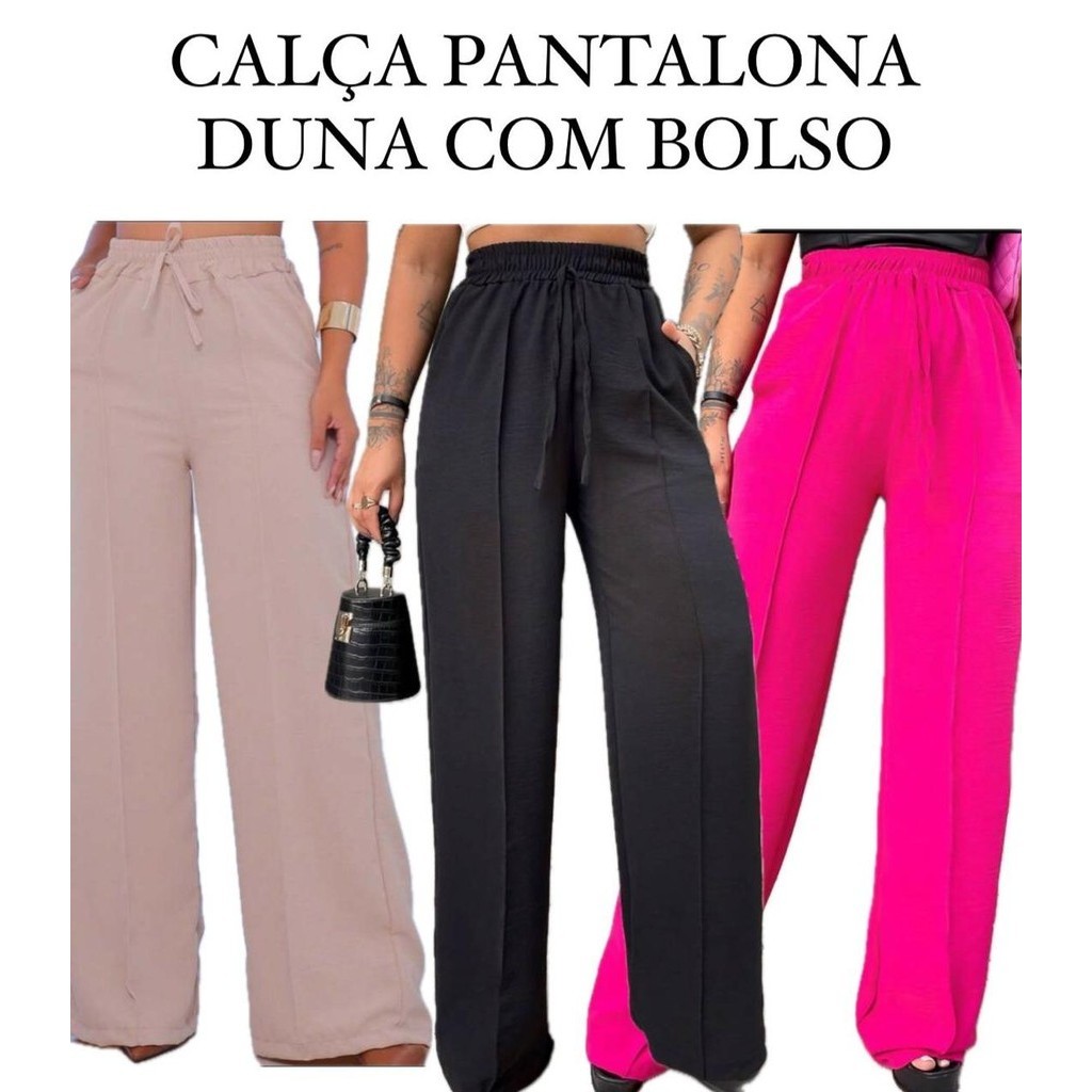 Calça Pantalona Feminina Com Bolso Cintura Alta Tecido Premium