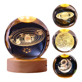 Luminária Bola De Cristal 3d Lua Galáxia Sistema Solar Lua Decoração De Mesa Base Madeira
