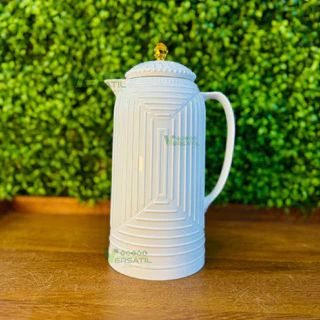 Garrafa Térmica 1L de Café Água Chá Leite com Alça Requintada com Tampa Encaixável de Rosca com Botão Branca Branco Geometric