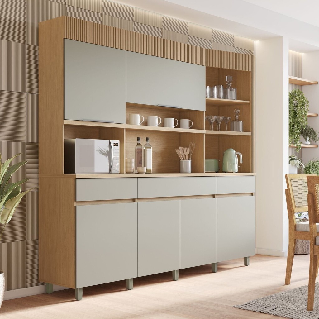Armário de Cozinha 6 Portas 3 Gavetas Realeza 220cm 100% Mdf Carvalho ...