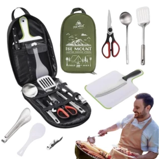 Conjunto de panelas ao ar livre de nove peças, acampamento, churrasco, faca de aço inoxidável, saco de piquenique