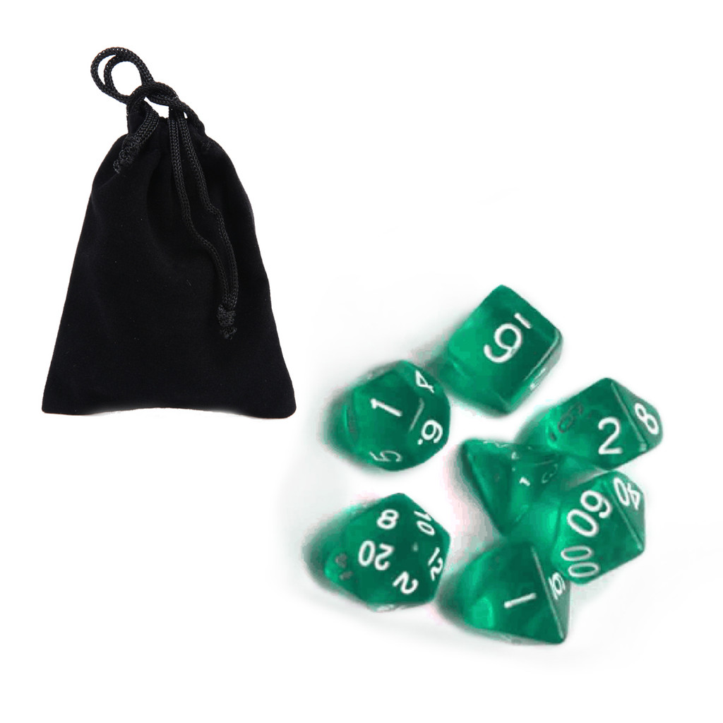 7Pcs Dados Poliédricos Translúcidos Verdes Com Conjunto De Bolsas DND RPG D4-D20