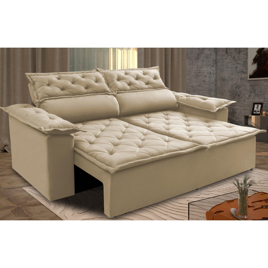 Sofá 3 Lugares Retrátil e Reclinável Cama inBox Compact 1,80m Velusoft Bege