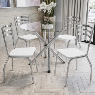 Kit Conjunto Mesa Redonda 4 Cadeiras 95 x 95 cm Sala de Jantar Cozinha Vidro Metal Cromado Branco em Oferta na Shopee