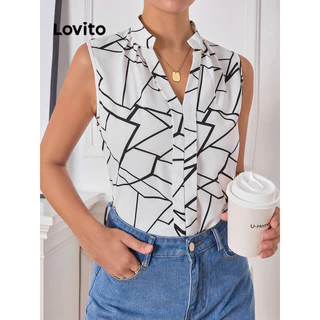 Lovito Blusa plissada geométrica elegante para mulheres LBL14198