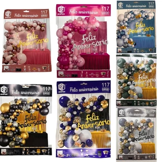 Kit 117 Pcs Balão Feliz Aniversario Cortinas Bexigas -colorida