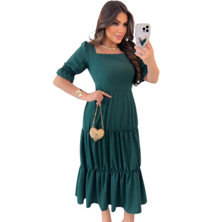 Vestido Alfaiataria Evangélico Com Babado Verde Moda Uma Forma Starndard Size Average Multiuso