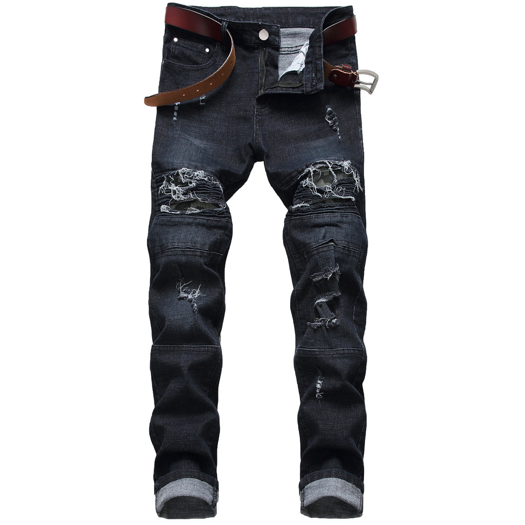 Calça Jeans Casual Rasgado Tornozelo-Amarrado Slim Stretch Motocicleta Camuflagem dos homens Calças