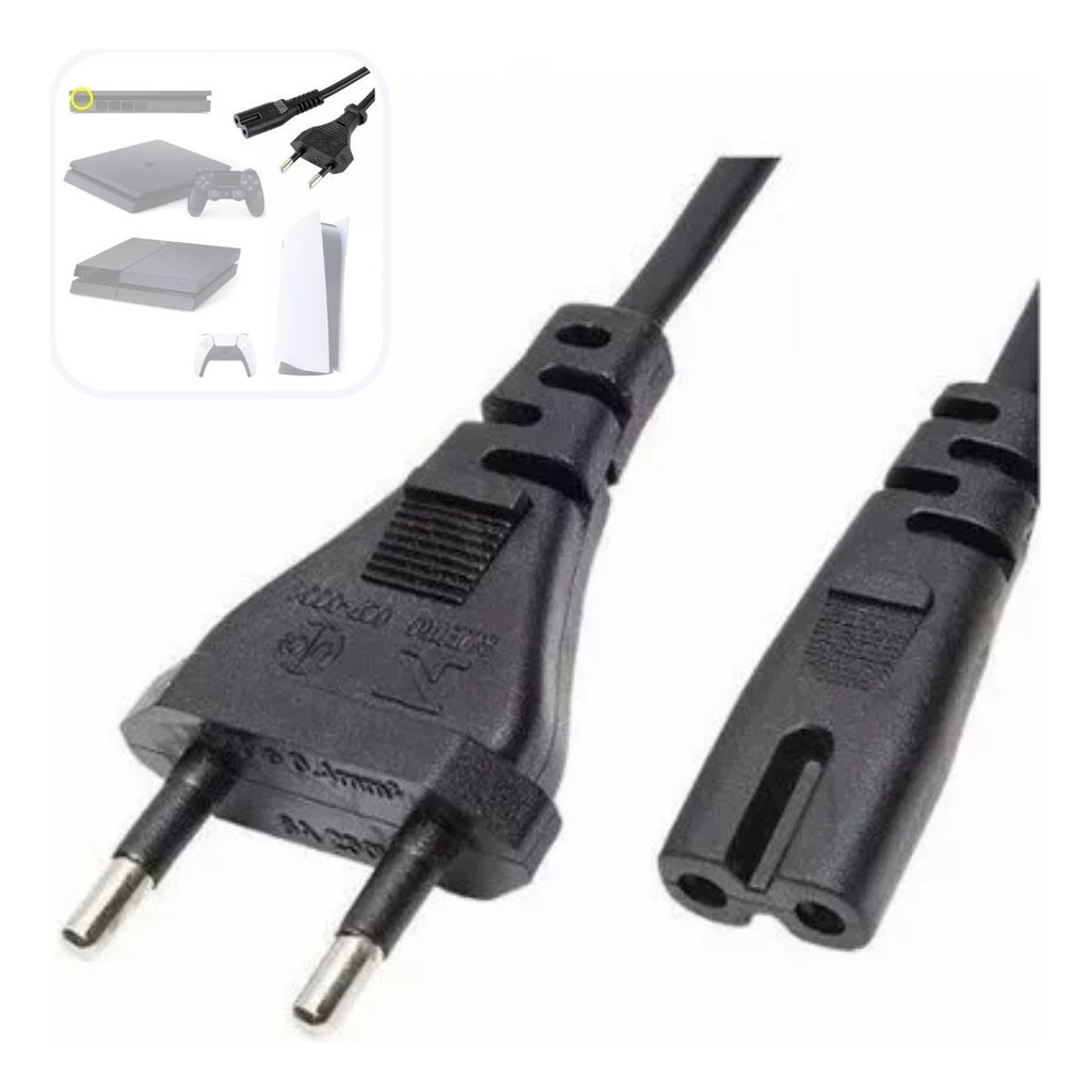 Fio Energia Cabo Força Ligar Tomada Compatível Ps5 Ps4 E Ps3 Cor Preto