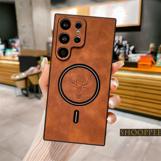 Estojo Adequado Para Samsung Galaxy S21 S22 S23 S24 Ultra Plus FE Nota 20 Luxury Matte Leather Pattern Elk Sem Fio Com Carregamento Magnético Anti-Queda Telefone