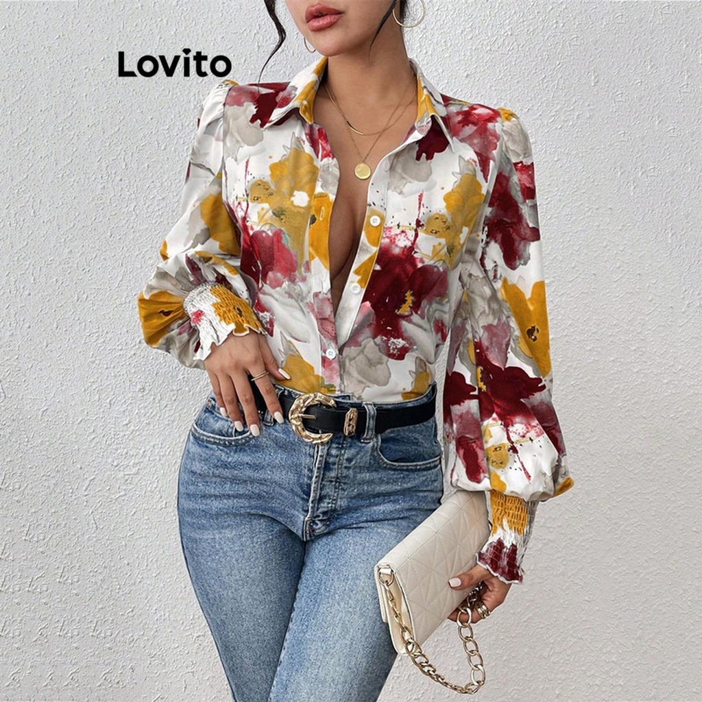 Lovito Blusa elegante com botões florais para mulheres LNL67243