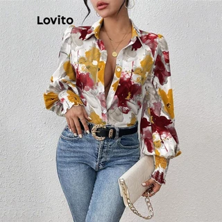 Lovito Blusa elegante com botões florais para mulheres LNL67243