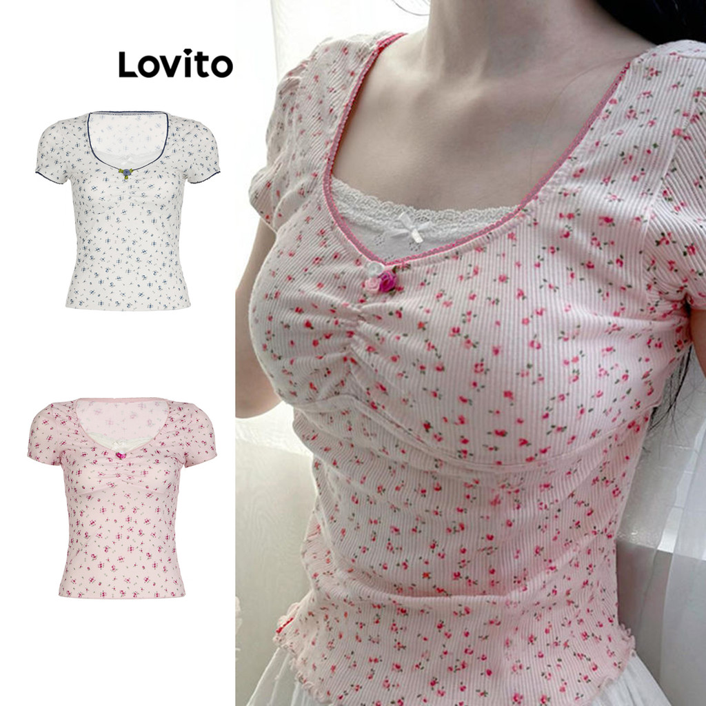 Lovito Camiseta Feminina Casual Ditsy Floral Contrastante Lne