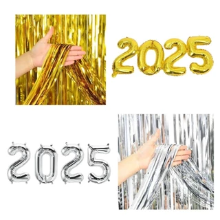Kit Decoração Ano Novo 2025 - Balões e Cortina Prata ou Dourado Grande