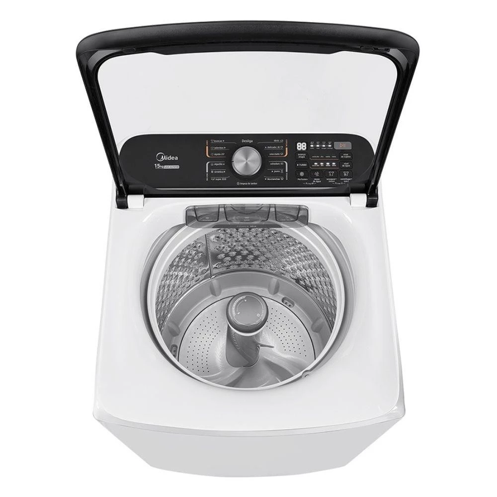 Lavadora de Roupas Midea 15Kg com tampa aberta e interior visível
